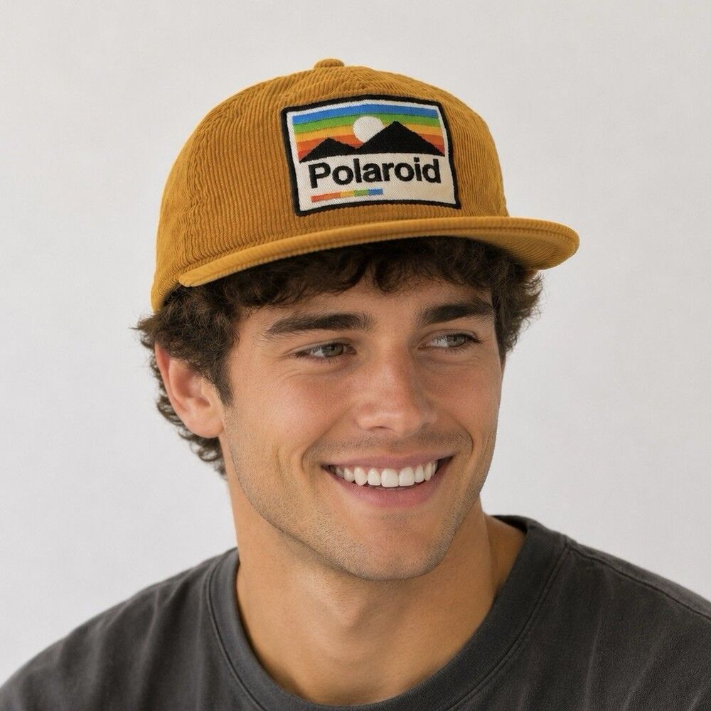 Polaroid Mad Engine Corduroy Snapback Hat Mustard Gold Logo Patch Adjustable